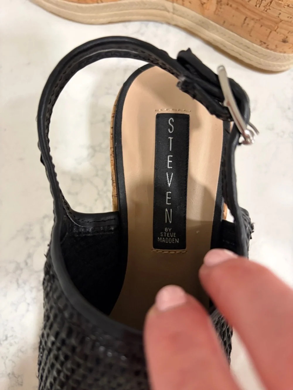 Steve Madden Women’s Black and Tan Woven Cork Wedge Platform Sandals Sz 7.5